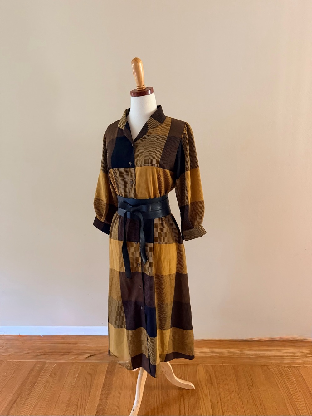 Mustard & Brown Plaid Button-Front Shirt Dress Small
